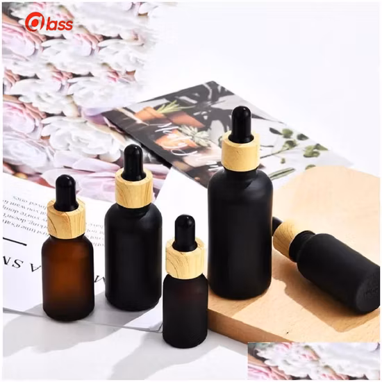 Verpackungsflaschen aus mattschwarz beschichtetem Glas, Tropfflasche Boston, rund, für ätherische Öle, mit Holzmaserung und Kunststoffkappe